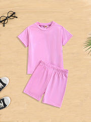 Girls 2pcs T shirt & Elastic Waist Shorts Set Solid Comfy Short Sleeve