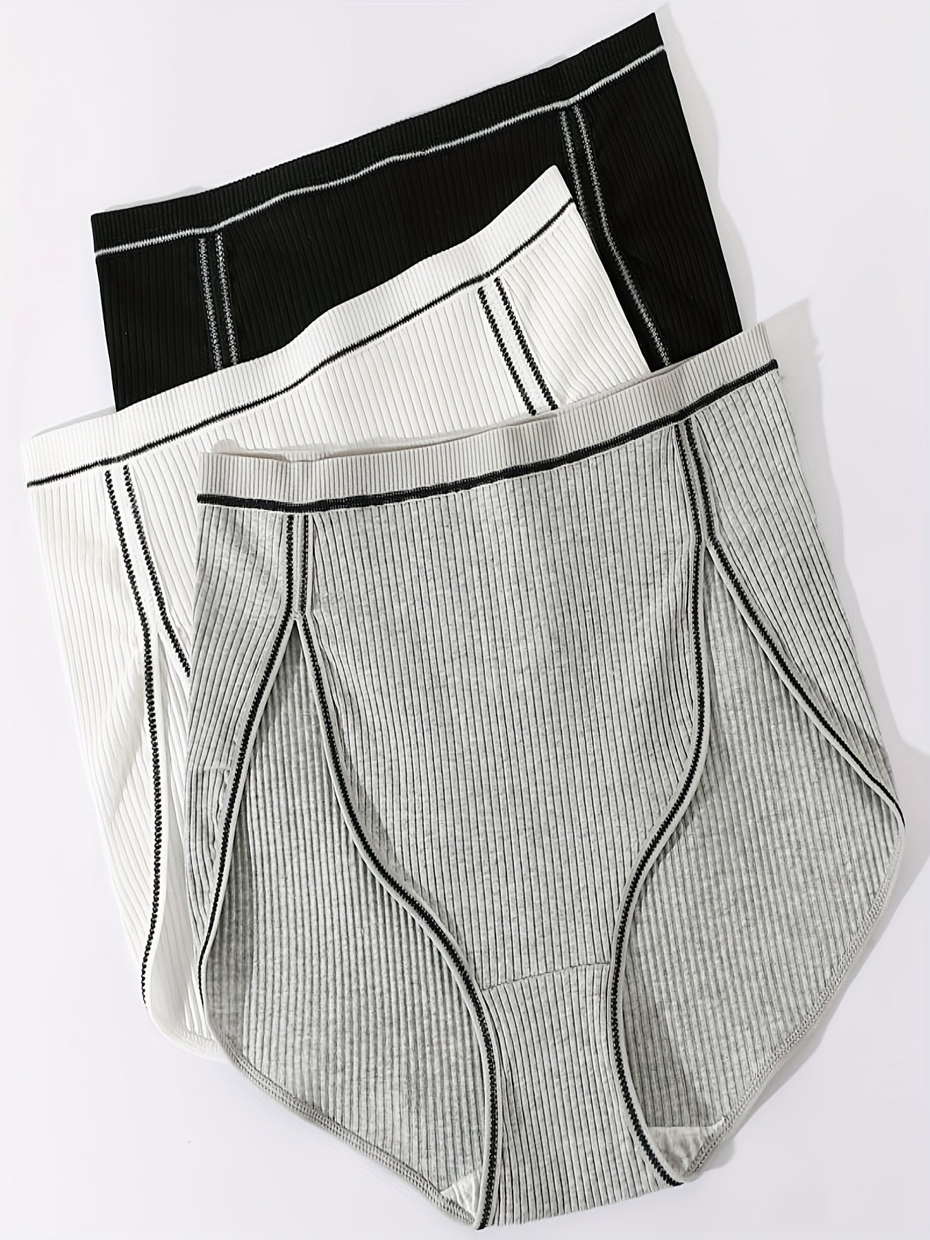 3pcs Ribbed Sports Briefs Mid Rise Stretch Panties