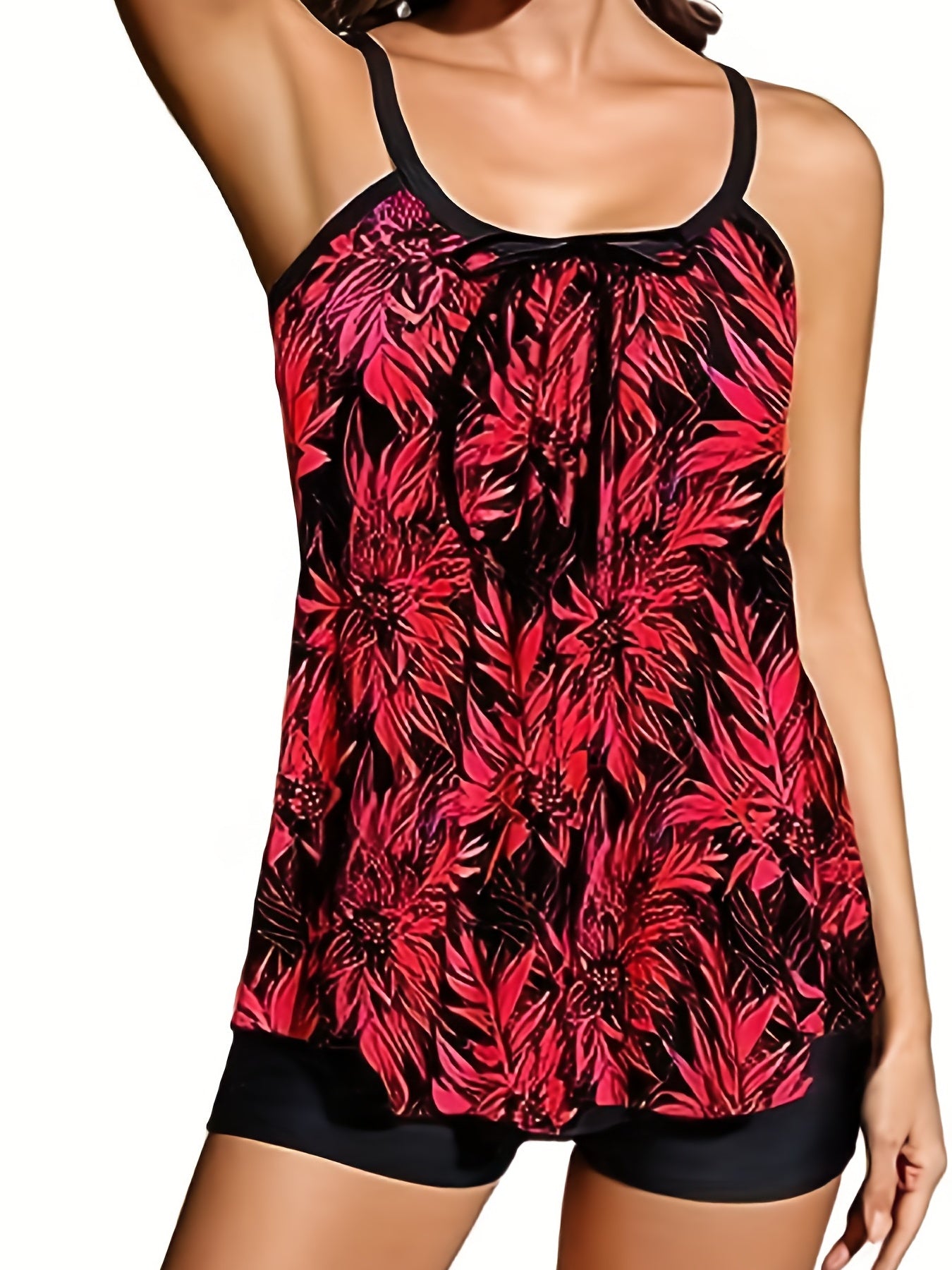 Floral Print Tankini Set Tie Front Cami Top & Shorts Swimsuit 2 Piece