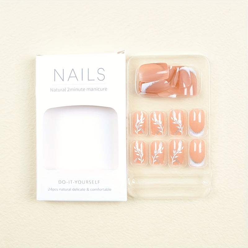 24pcs French Tip Press On Nails Leaves & Glitter Spring Summer Decor