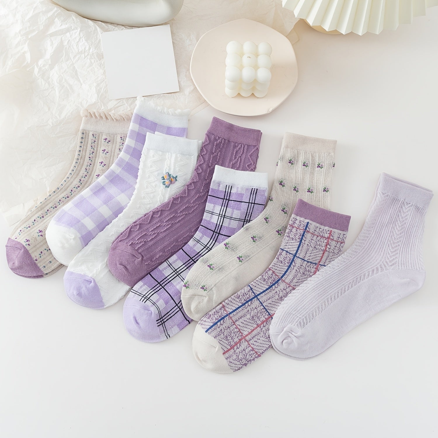 8 Pairs Floral Print Gauze Socks Retro Style Mixed Pattern Comfy Socks