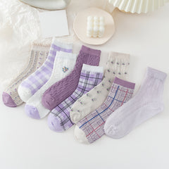 8 Pairs Floral Print Gauze Socks Retro Style Mixed Pattern Comfy Socks