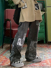 Hip Hop Printed Jeans Mens Casual Vintage Loose Fit Wide Leg Denim Pants