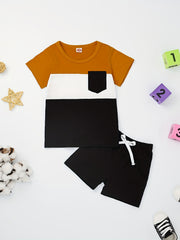 2pcs Baby Boys Block Pocket Patched T shirt & Shorts Set Clothes