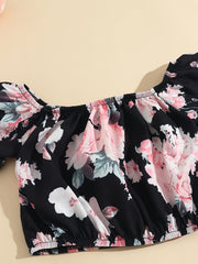 Girls Floral Print Off Shoulder Top Shorts Set Kids Summer Outfit