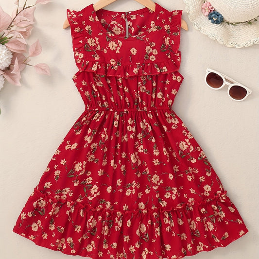 Girls Sweet Floral Ruffled Dress Sleeveless Ditsy Dress