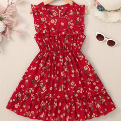 Girls Sweet Floral Ruffled Dress Sleeveless Ditsy Dress