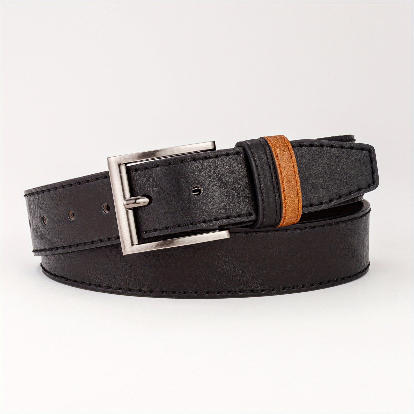 Men's Leather Belt with Pin Buckle and Two Rings