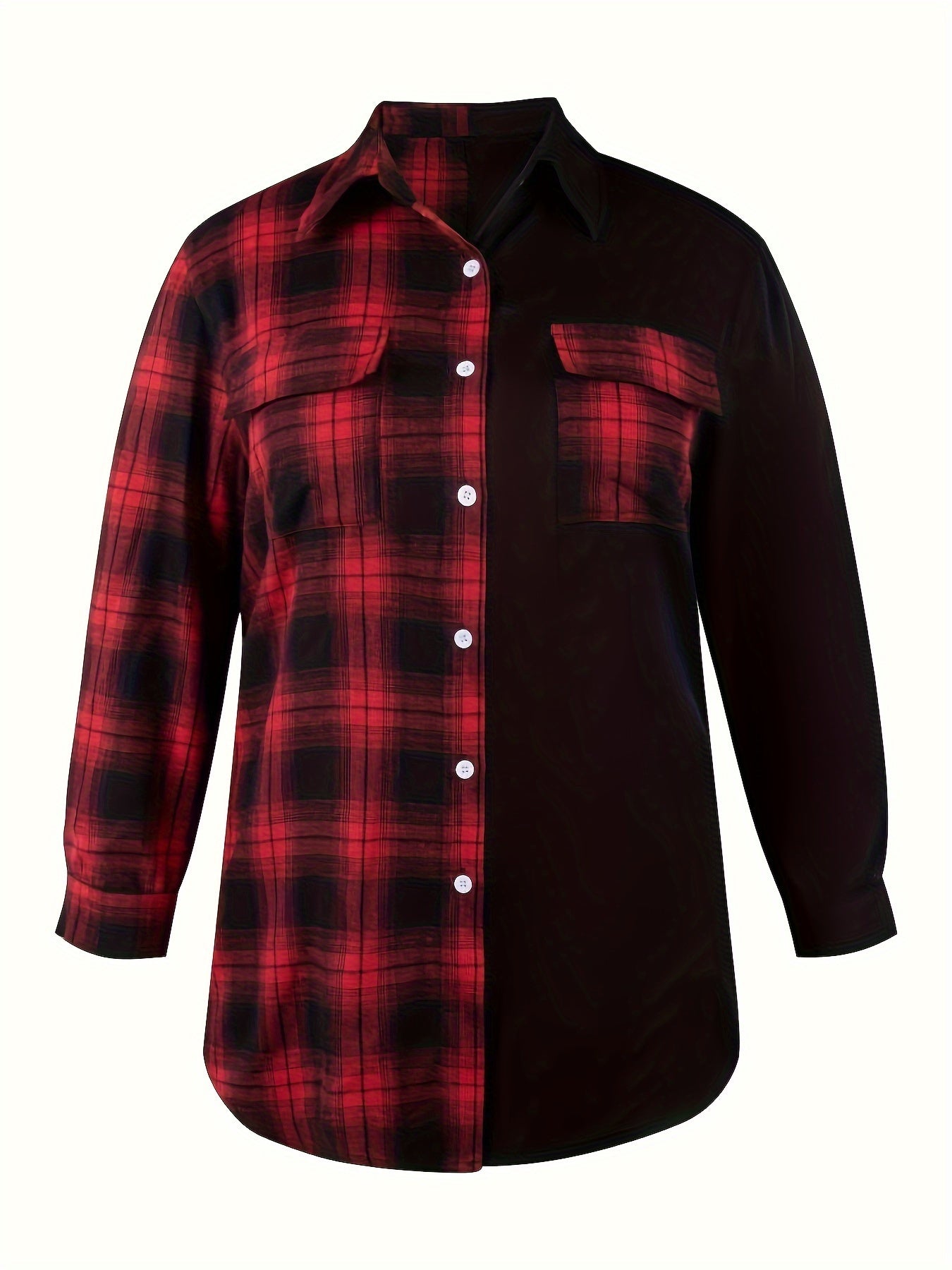 Colorblock Plaid Print Button Up Long Sleeve Blouse