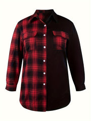 Colorblock Plaid Print Button Up Long Sleeve Blouse