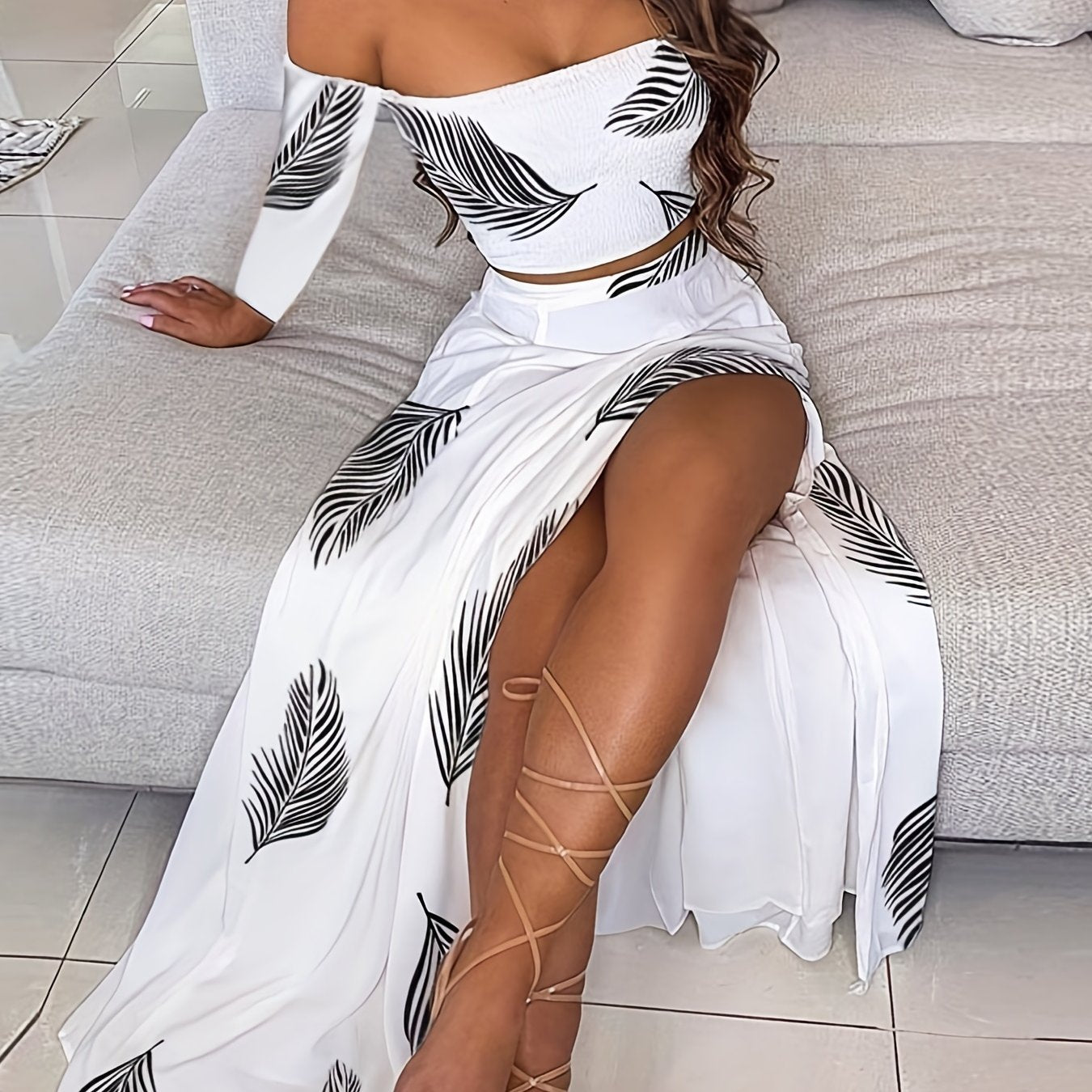Feather Print Boho Two piece Set Crop Top & Midi Skirt