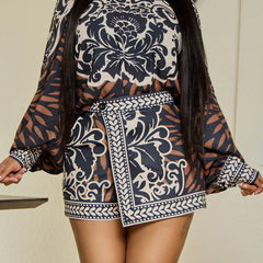 Floral Print Casual Top & Skort Set Long Sleeve