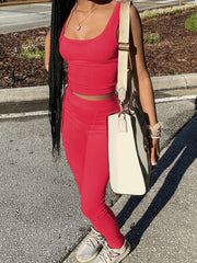 Casual Two-Piece Set Sleeveless Tank Top & High Waist Pants Set