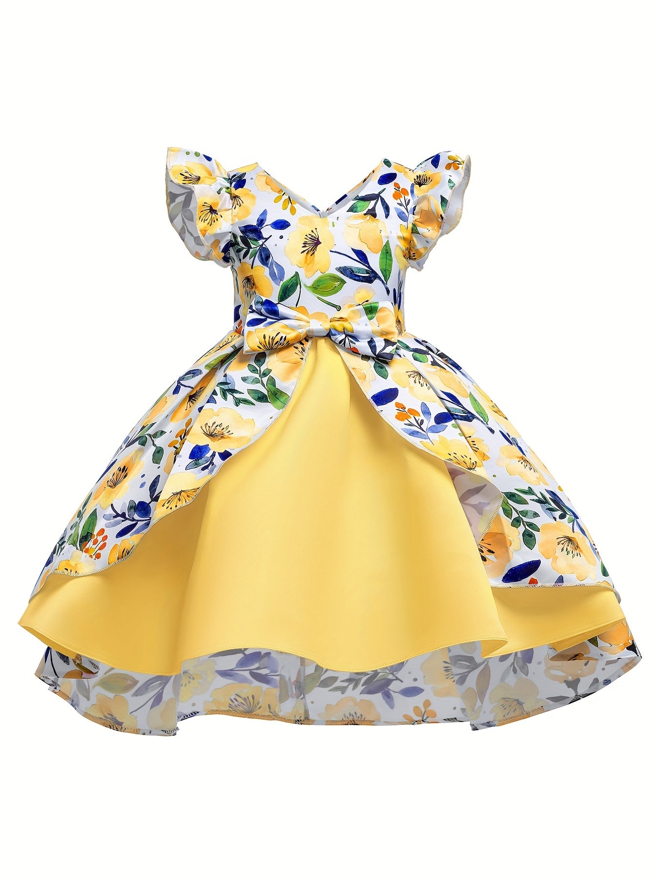 Girls Ruffled Sleeves Princess Dress Flowers Print Bow Decor