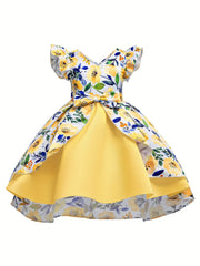 Girls Ruffled Sleeves Princess Dress Flowers Print Bow Decor