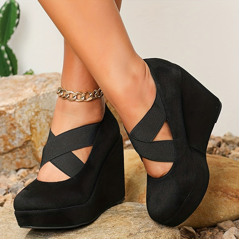 Women's Wedge Heels Round Toe Elastic Cross Strap Slip On High Heels