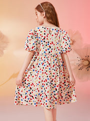 Girls Heart Print Floral Princess Dress