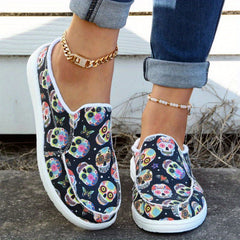 Skull Pattern Canvas Slip-On Shoes for Women Lightweight Halloween Shoes
