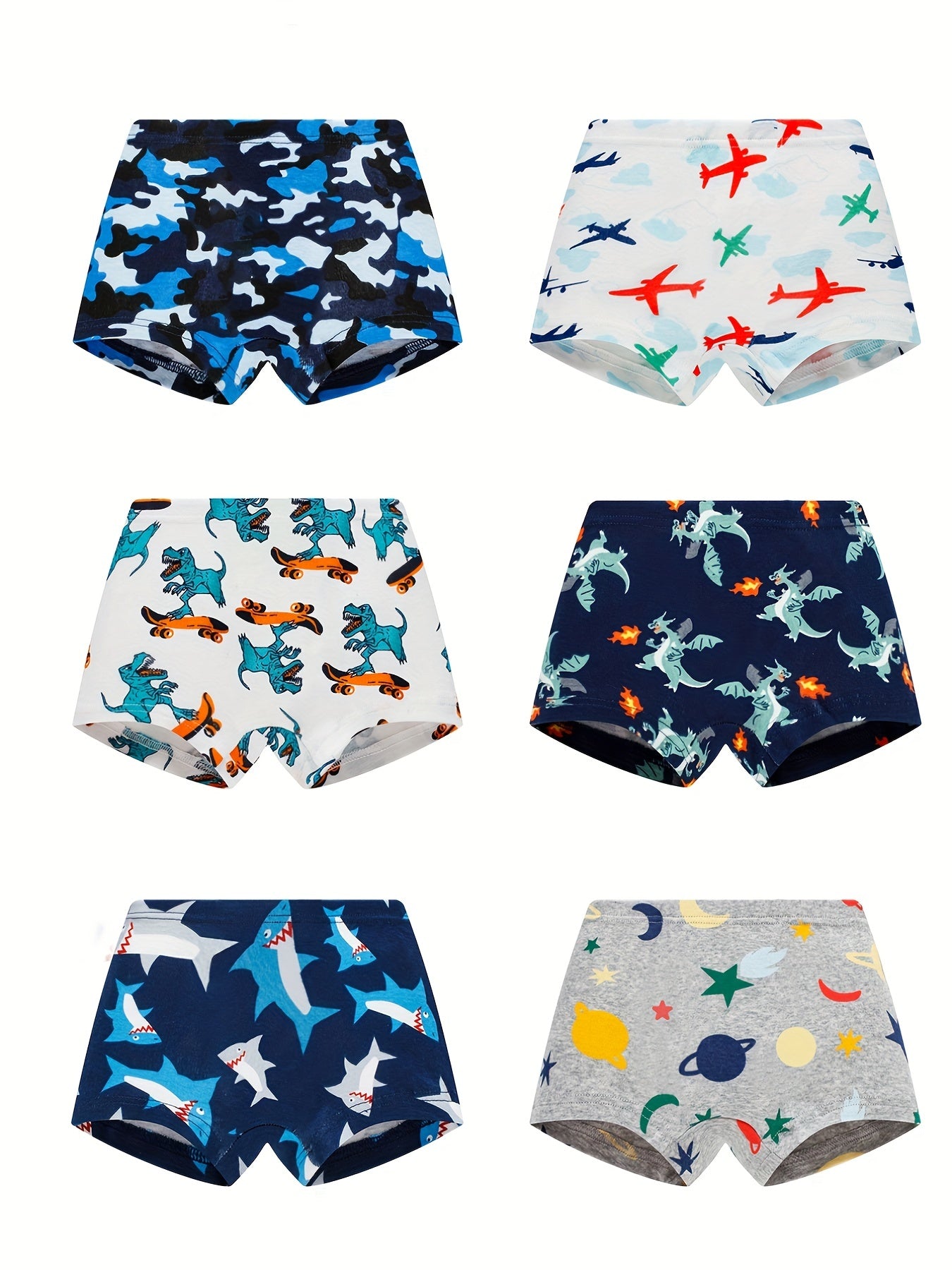 6pcs Boys Cartoon Cotton Boxer Briefs Elastic Underwear