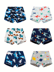 6pcs Boys Cartoon Cotton Boxer Briefs Elastic Underwear