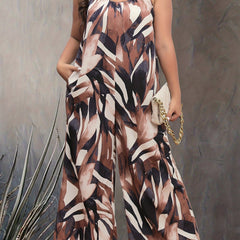 Casual Jumpsuit Women's Plus Random Print Round Neck Wide Leg Cami Jum