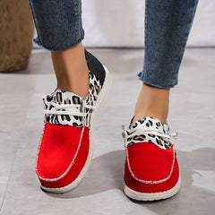 Leopard Print Flat Sneakers Lightweight Red Lace Up Loafers Casual Shoes