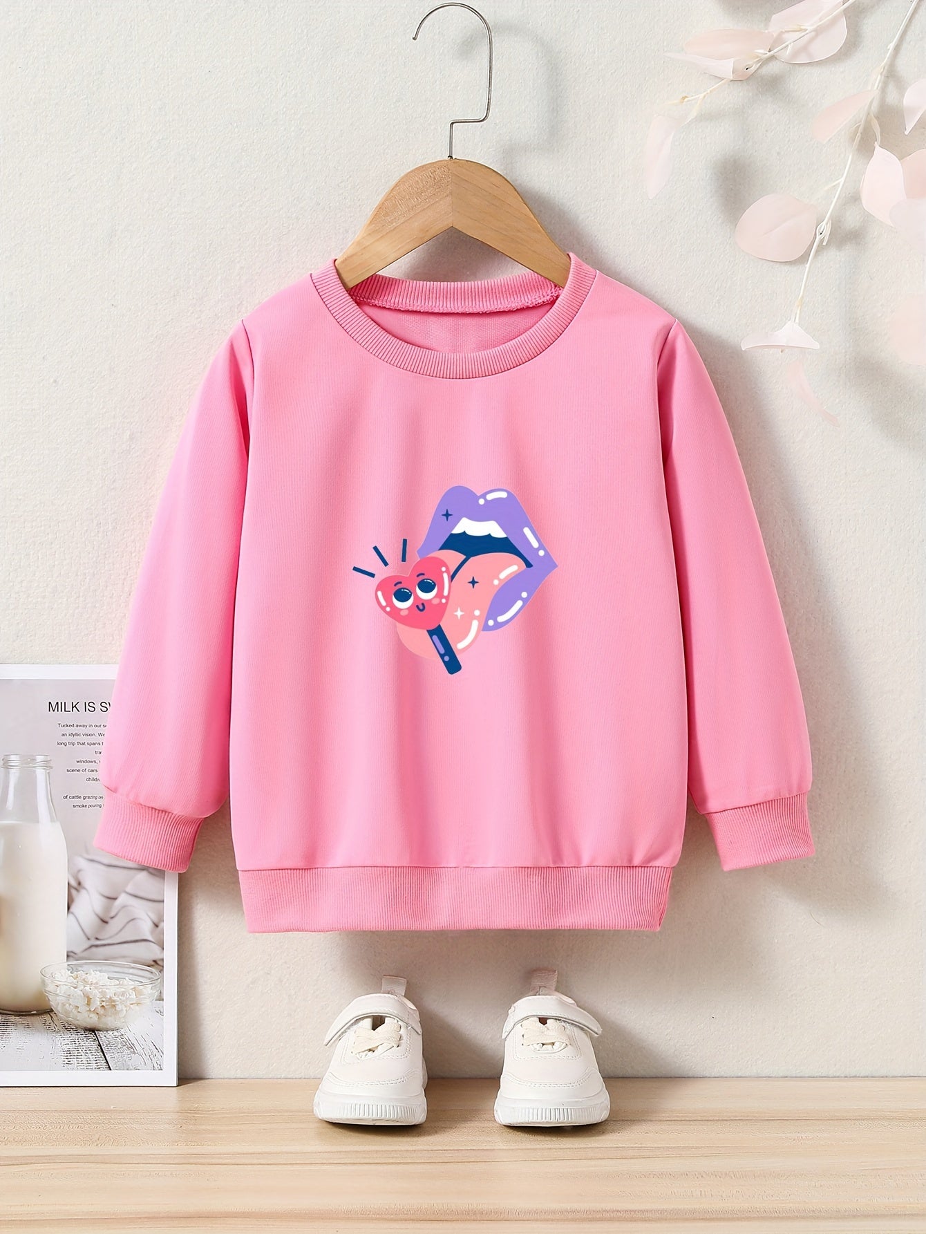 Cartoon Lips & Heart Print Girls Sweater, Long Sleeve Crew Neck Top