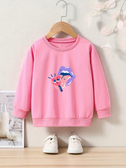 Cartoon Lips & Heart Print Girls Sweater, Long Sleeve Crew Neck Top
