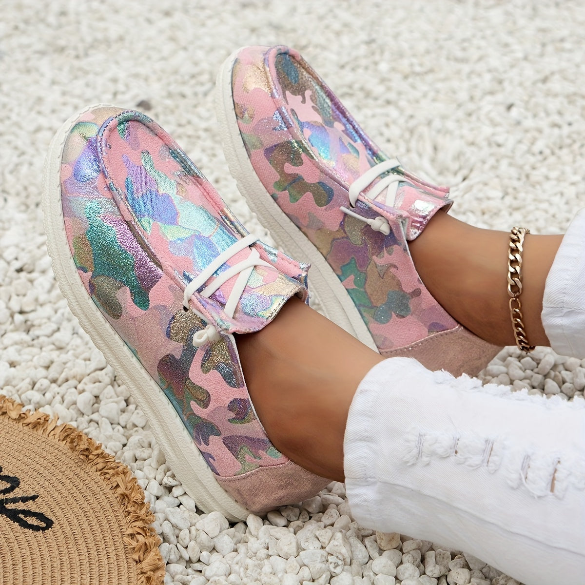 Sequins Detail Flat Slip On Low Lace Up Round Toe Shoes