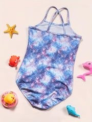 Girl's Mermaid Print Onesie Swimsuit Fish Scale Tie dye Print