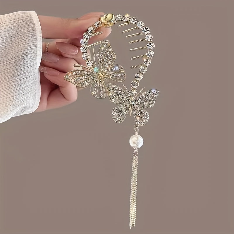 Golden Butterfly Tassel Hair Clip Rhinestones Bun Buckle Women Girls Party Decor