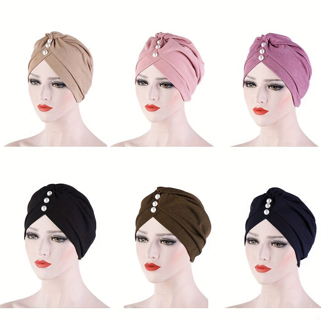Faux Pearl Decor Turban Cap Solid Hijab Chemo Cap