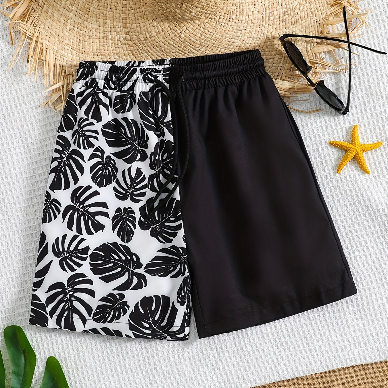 Boy's Plant Pattern Beach Shorts Drawstring Stretchy Casual Kids Clothes