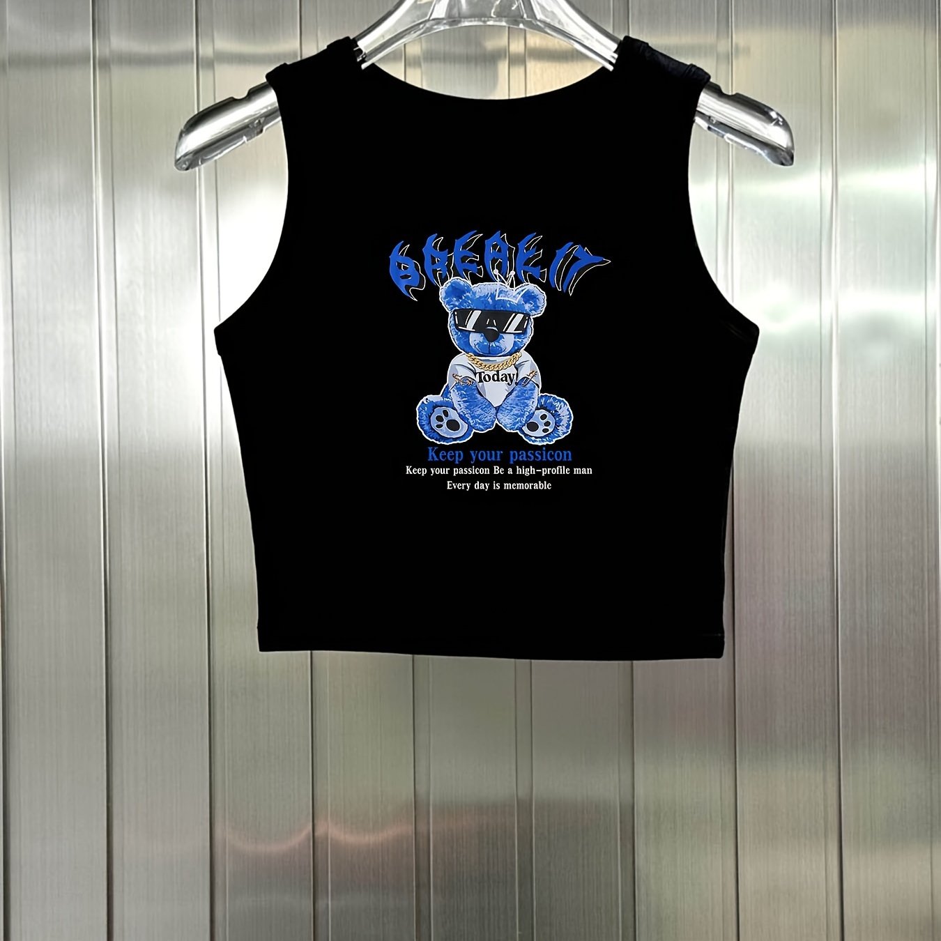 Bear Print Y2K Crop Tank Top Sleeveless Crew Neck Casual Top
