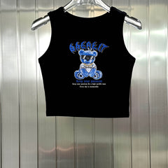 Bear Print Y2K Crop Tank Top Sleeveless Crew Neck Casual Top