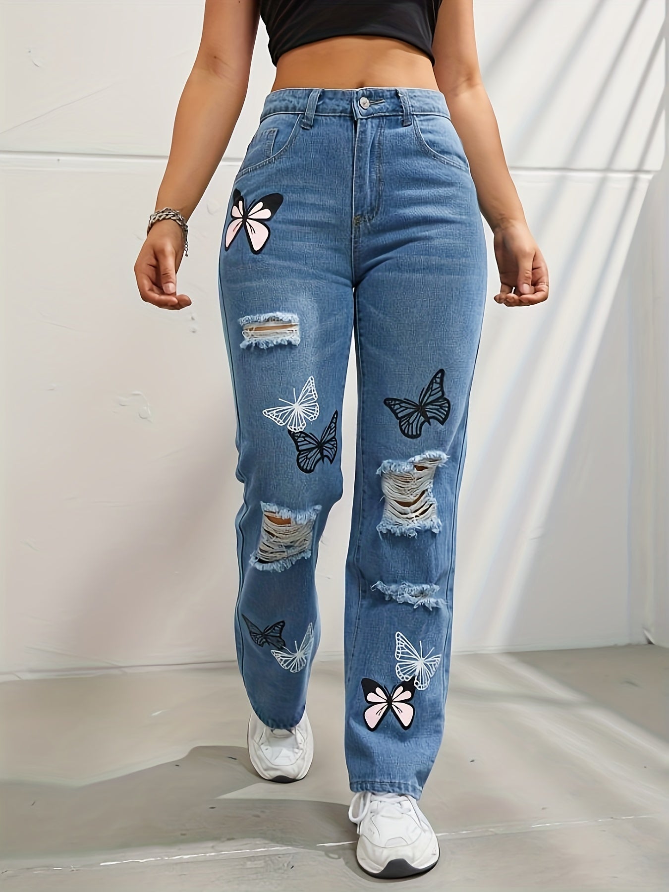 Butterfly Print Ripped Hole Straight Jeans Non Stretch