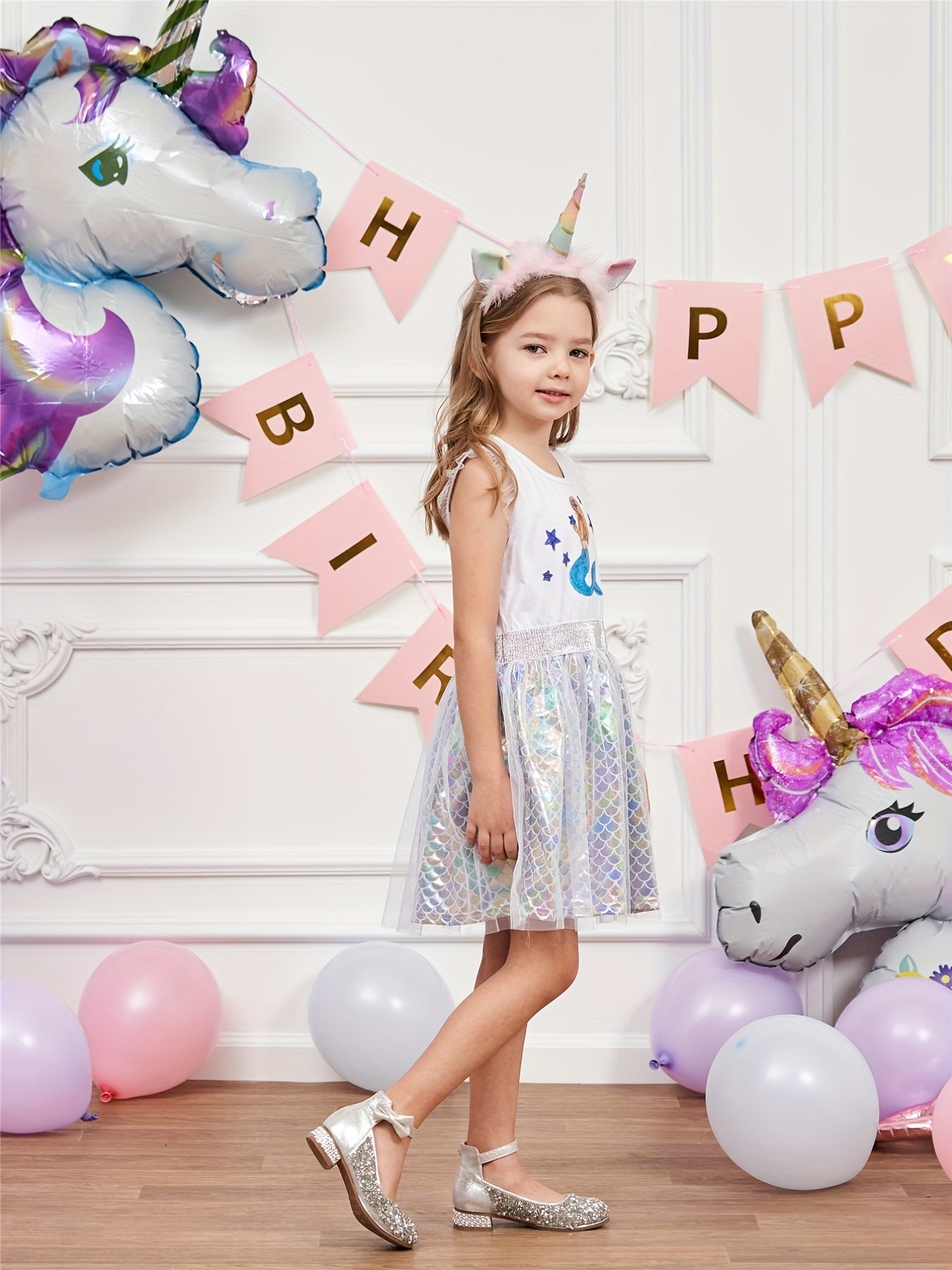 Girls Casual Cartoon Princess Dress Mermaid Sleeveless Mesh Dress