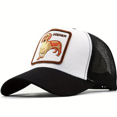 Adjustable Mesh Cap Dog Pattern Square Patch Baseball Cap Drivers Hat