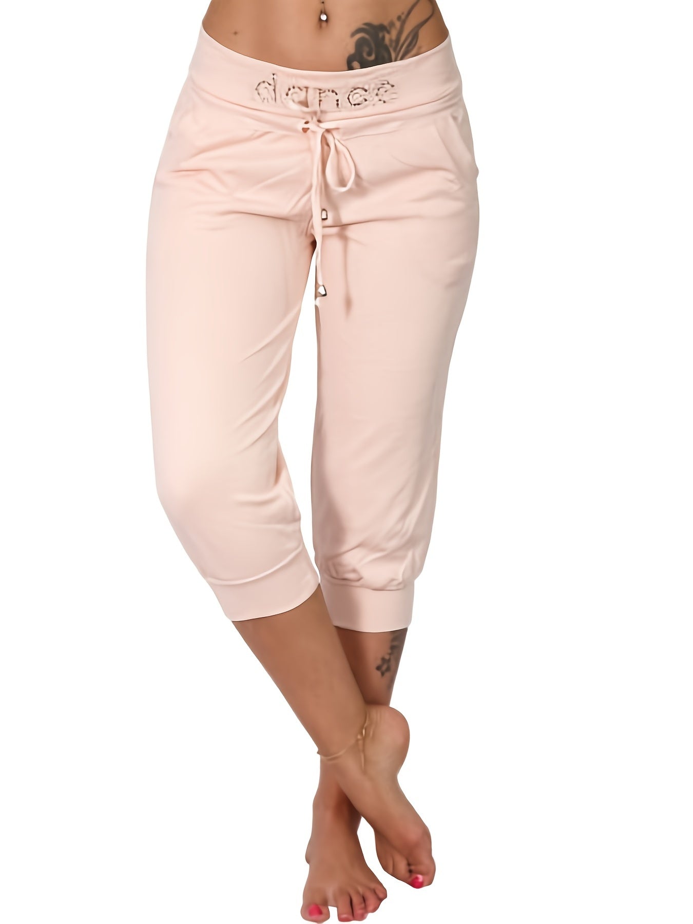 Drawstring Cropped Slim Pants Sports Stretchy Letter Print