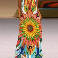 Sleeveless V-Neck Colorful Maxi Dress Boho Loose Flared Dress