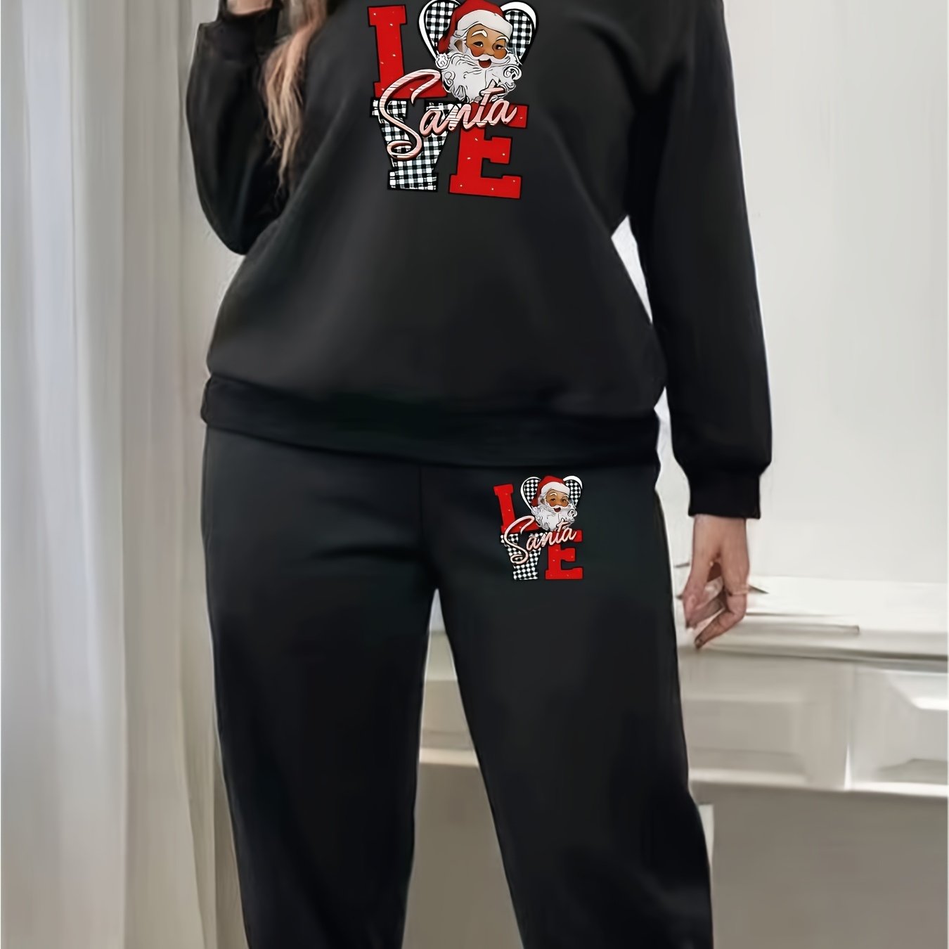 Santa Claus & Plaid Fleece Top & Joggers 2 Piece Set