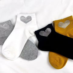 Heart Rhinestone Socks 5 Pairs Comfy Crew Women's Stockings