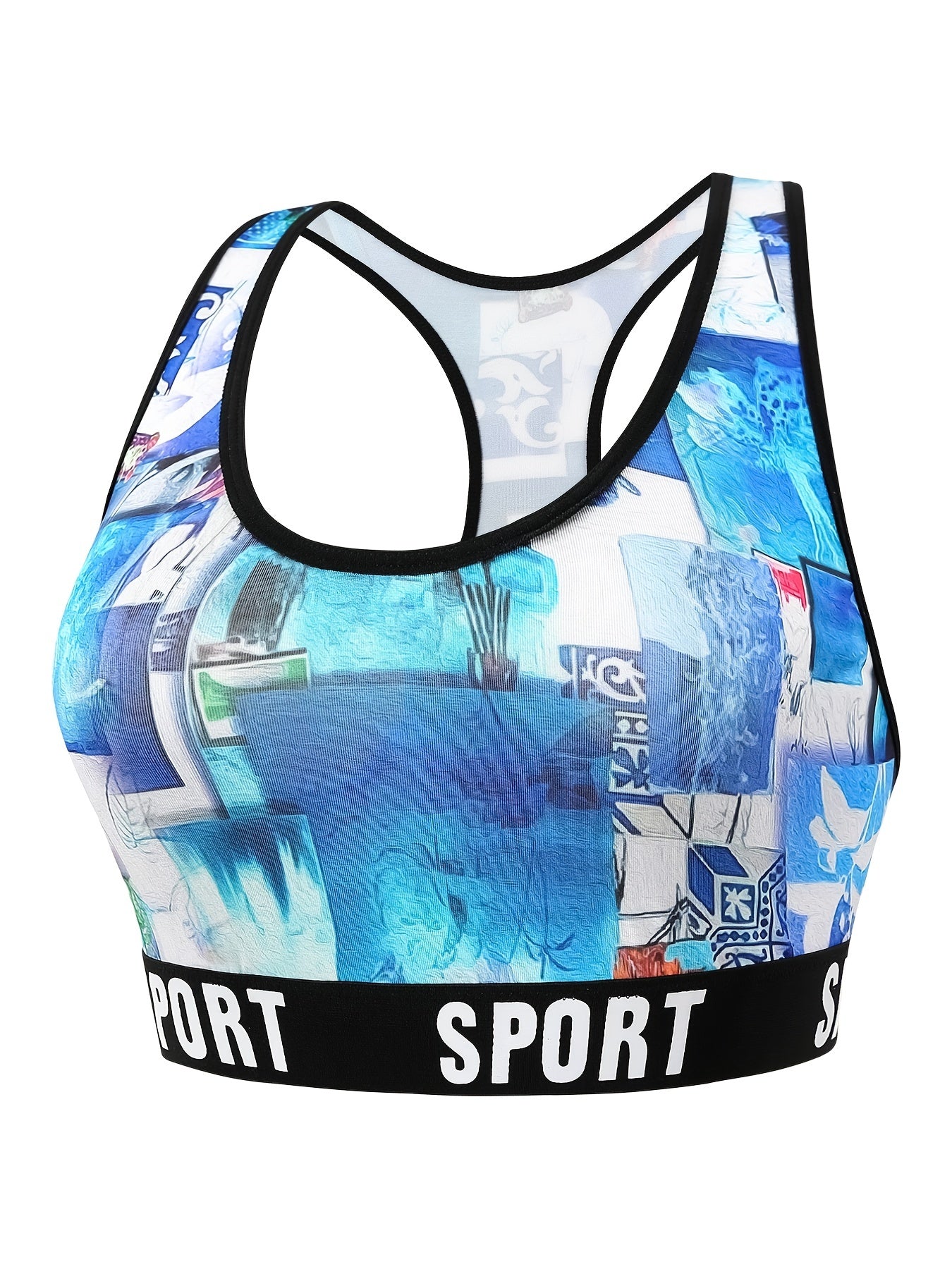 Sporty Sea Print Tape Racer Back Plus Size Bra