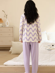 Wave Stripe Print Pajama Set Long Sleeve Button Up Top & Lounge Pants