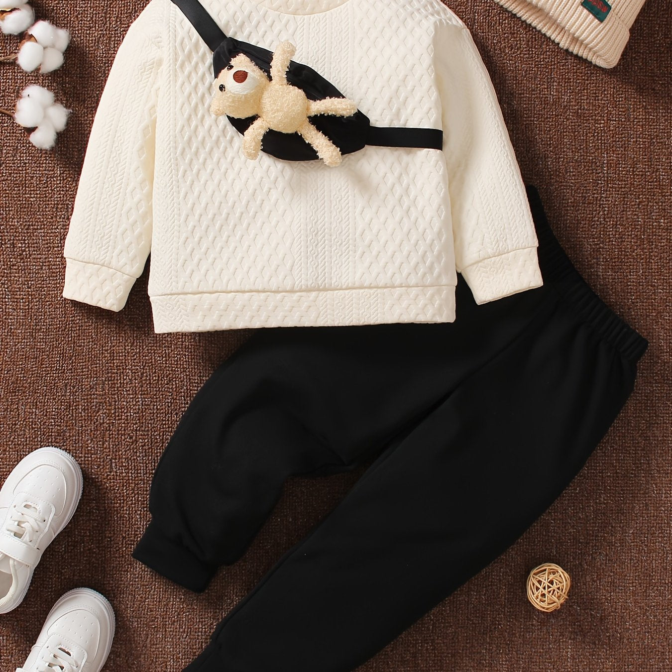 Boy's Cable Knit Sweatshirt & Toy Bear Bag & Sweatpants Set