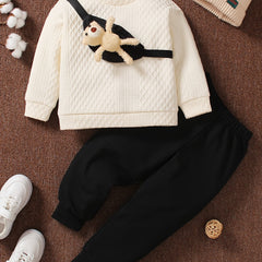 Boy's Cable Knit Sweatshirt & Toy Bear Bag & Sweatpants Set