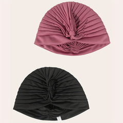 2pcs Rose Red Turban Cap BowKnot Pleated Head Wraps Elastic Head Scarf Solid