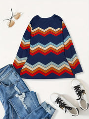 Colorblock Stripe Print Pullover Sweatshirt Long Sleeve Crew Neck