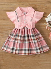 Baby Girls Plaid Bowknot Decor Dress Ruffled Sleeves Princess Dresses