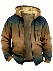 Men's Faith Pattern Gradient Plush Thick Winter Hooded Coat